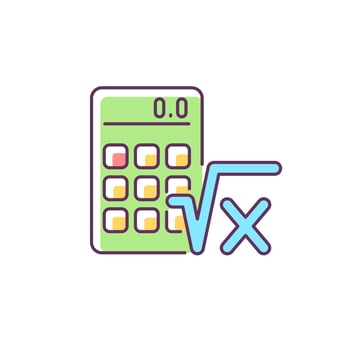 Algebra RGB color icon. Calculator, radical symbol. Mathematical calculations. Solving equation. Algebra classes in school. Isolated vector illustration. Simple filled line drawing