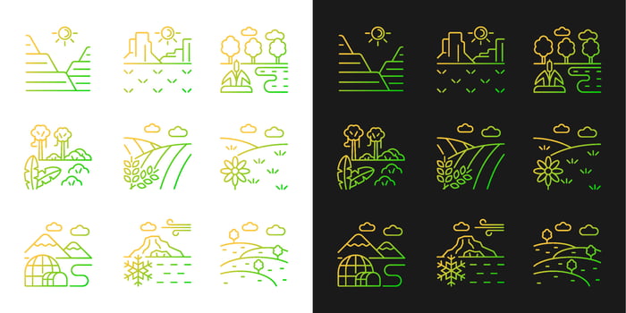 Biomes and landforms gradient icons set for dark and light mode. Diverse climatic zones. Thin line contour symbols bundle. Isolated vector outline illustrations collection on black and white