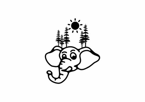 Black line art illustration of elephant head and pine trees vector