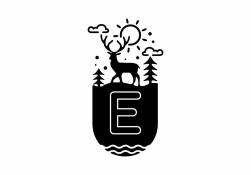 Black line art illustration of deer badge with E initial name in the middle vector