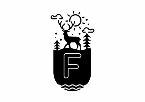 Black line art illustration of deer badge with F initial name in the middle vector