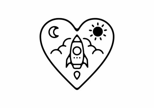 Black line art illustration of rocket in love shape vector