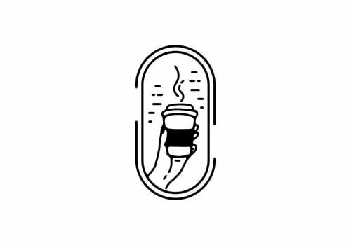 Black line art illustration of hand holding coffee cup vector