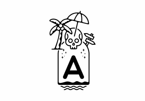 Black line art illustration of skull beach with A initial letter vector