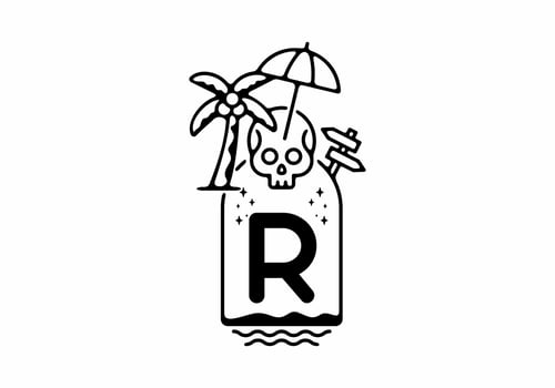 Black line art illustration of skull beach with R initial letter vector