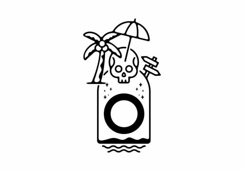 Black line art illustration of skull beach with O initial letter vector
