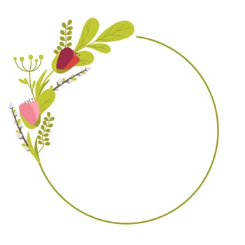 Round frame with willow tulips and leaves. Vector illustration in a flat style isolated on a white background