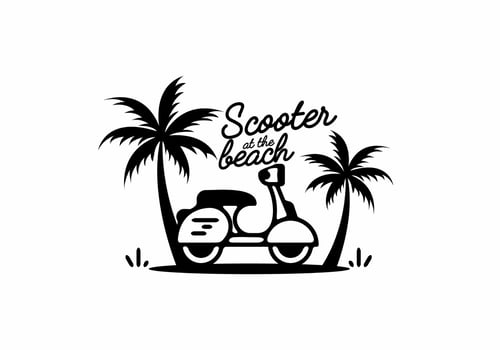 Black line art illustration of scooter at the beach vector