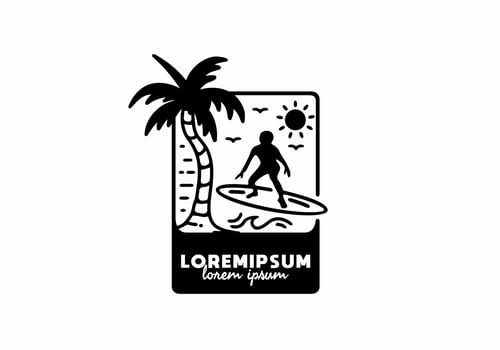 Black line art illustration of surfing vector
