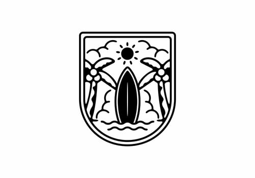 Black line art illustration of surfing badge vector