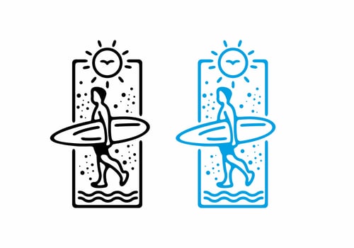 Black line art illustration of surfer go to surfing vector