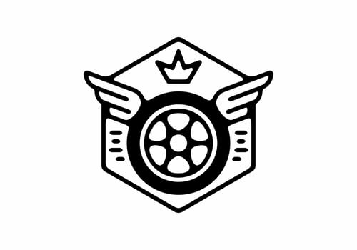 Black line art illustration of tire with wings and crown vector