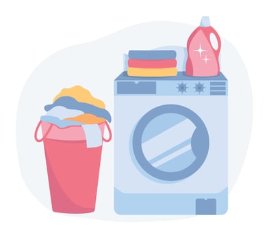 Washing machine with laundry basket. Washer with dirty clothes. Flat vector illustration on a white background.