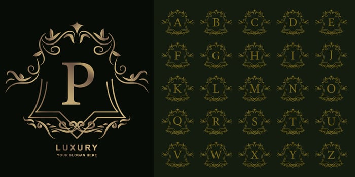 Letter P or collection initial alphabet with luxury ornament floral frame golden logo template. vector