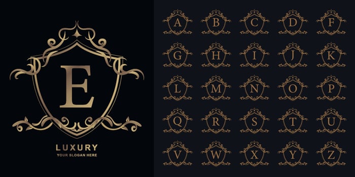 Letter E or collection initial alphabet with luxury ornament floral frame golden logo template. vector