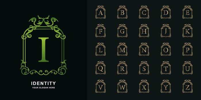 Letter I or collection initial alphabet with luxury ornament floral frame golden logo template. vector