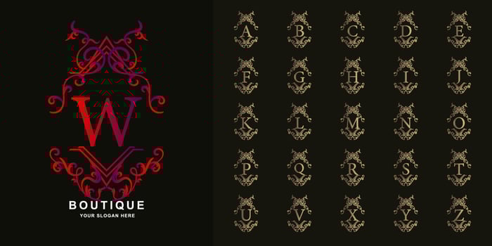 Letter W or collection initial alphabet with luxury ornament floral frame golden logo template. vector