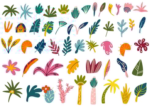 Tropical leaves and palm trees big set. Abstract floral elements for your design, prints, fabric, banner and posters. Vector cartoon illustration style isolated on the white background.