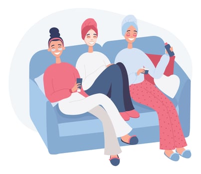 Girls doing cosmetic procedures for skincare and face beauty with professional masks, creams and patches at home. Pajama party concept. Flat vector illustration on a white background.