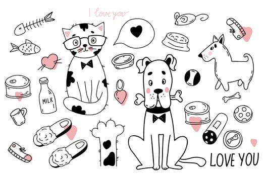 Collection of pets. Cute characters dog with bone and cat with glasses, house slippers, food and animal feed, paw and sausage. Vector illustration. Isolated linear hand drawn for design and decor