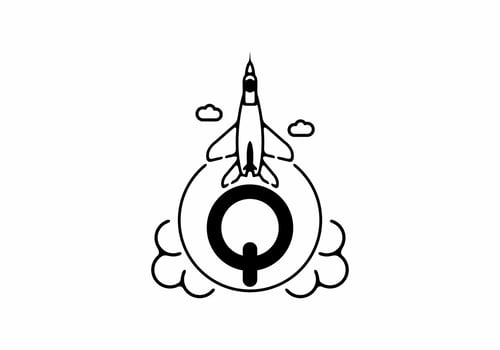 Black line art of Q initial letter with flying jet vector