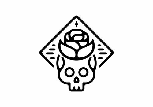 Black line art of skeleton head with rose flower vector