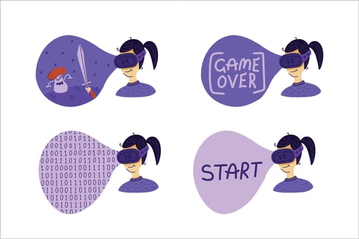 Enthusiastic man using virtual reality glasses and touching vr interface. Vector illustration