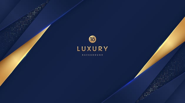 Dark navy blue and gold triangle shapes overlapped on background with glow golden striped lines and glitter. Luxury and elegant. Abstract template vector design. Design for presentation, banner.