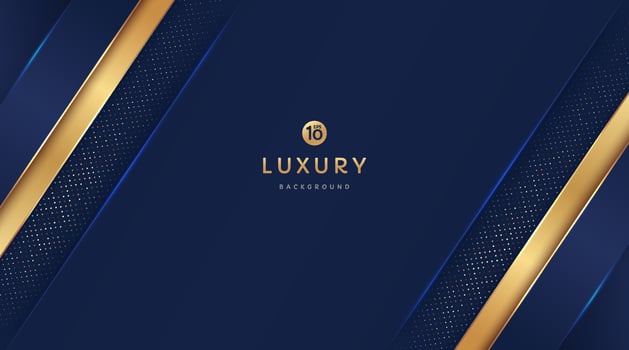 Dark navy blue and gold geometric shapes on background with glowing golden striped lines and glitter. Luxury and elegant. Abstract template design. Design for presentation, banner, cover. EPS10 vector