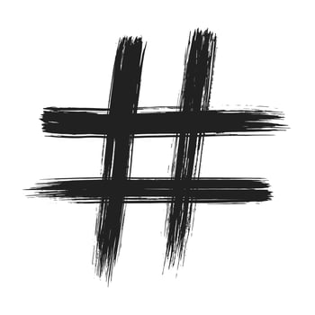 Hand drawn brush stroke dirty art hashtag symbol icon sign isolated on white background. Black and white composition of the symbol hashtag vector