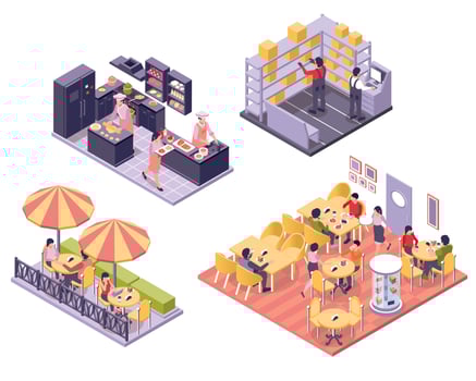 Restaurant Cafe Isometric Interiors Icon Set vector