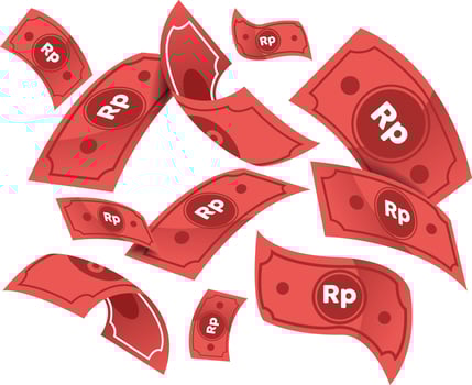 Financial vector background. Money raining, flying red banknotes on a white background. Casino jackpot concept. Indonesian banking currency is Ruliah. Illustration of falling prize money.