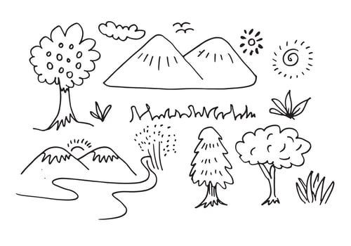 Hand drawn Mountains sketch with forest, road, sun, grass and clouds.vector illustration. vector