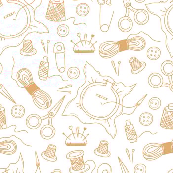 Seamless pattern with items for sewing and knitting. Needles, threads, scissors hoops with embroidery and buttons on white background. Vector illustration. Linear hand drawings in doodle style