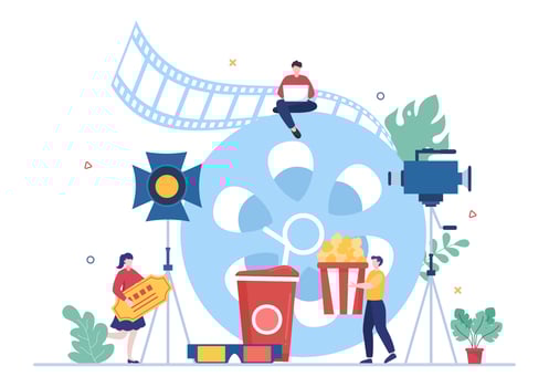 Movie Studio with Camera Crew Team People, Directur, lights, Microphone on Scene Shooting Location for Making Film in Flat Design Background Illustration vector
