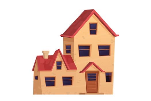 Detailed cute house, suburban cottage in cartoon style isolated on white background. Front view with windows, door, roof. Domestic residence, nice place. Vector illustration