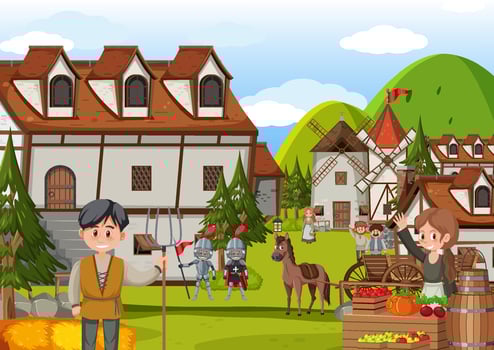 Ancient medieval village scene with villagers vector