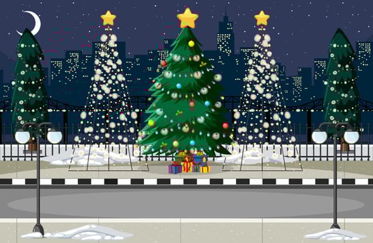Decorated christmas tree in the city at night scene vector