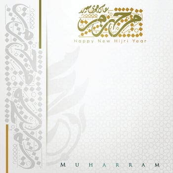 Happy New Hijri Year Muharram greeting islamic background vector design with arabic calligraphy, crescent an moon for wallpaper, card, brosur, banner, cover and decoration