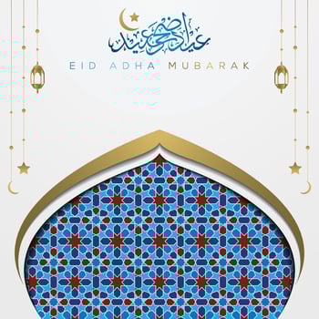 Eid Adha Mubarak beautiful arabic calligraphy islamic greeting with morocco pattern, mosque and crescent for background, banner and greeting card. translation of text  Blessed Festival vector