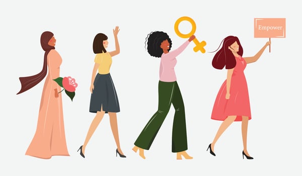 Feminism and equality gender concept illustration. Group of happy diverse women. Four women of different nationalities walking together and showing their empowerment. vector