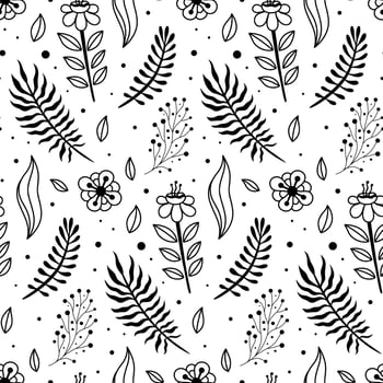 Black and White Hand Drawn Spring Flower Vector Seamless Pattern