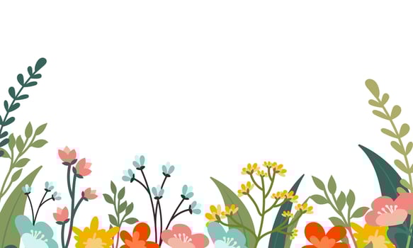 Plants minimalist vector banner. Hand drawn floral, grass, branches, leaves on a white background. Green simple horizontal pattern. Simple flat style. All elements are isolated and editable