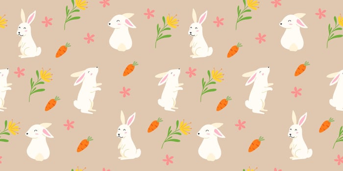 Happy Easter seamless pattern. Lovely hand drawn bunnies, eggs, flowers and cute element for banner, wallpaper or wrapping. Vector illustration
