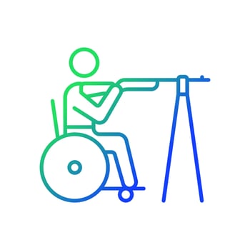 Wheelchair shooting gradient linear vector icon. Hitting targets from various distances. Sportsman with disability. Thin line color symbol. Modern style pictogram. Vector isolated outline drawing