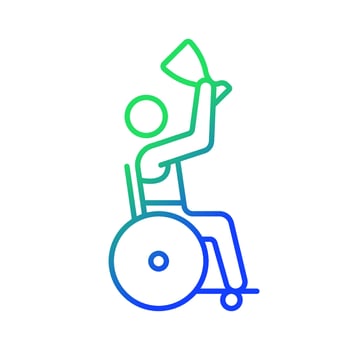 Competition winner with disability gradient linear vector icon. Athlete with cup. Winning prize. Disabled sportsmen. Thin line color symbol. Modern style pictogram. Vector isolated outline drawing