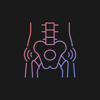 Hips rheumatism gradient vector icon for dark theme. Degenerative joint disease. Intense pain. Cartilage worn away. Thin line color symbol. Modern style pictogram. Vector isolated outline drawing