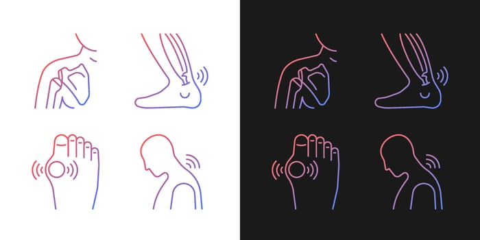 Musculoskeletal pain gradient icons set for dark and light mode. Muscles overstretching. Thin line contour symbols bundle. Isolated vector outline illustrations collection on black and white