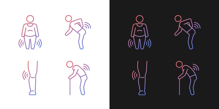 Elderly patients with arthritis gradient icons set for dark and light mode. Back rheumatism. Thin line contour symbols bundle. Isolated vector outline illustrations collection on black and white