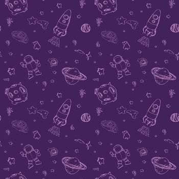 Space and astronaut seamless pattern. Starry sky background with cosmic elements. Hand drawn solar system, stars, planets, spaceships, rockets. vector